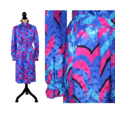 S-M 70s Fuchsia Blue Print Bow Tie High Neck Long Sleeve Midi Dress Petite, Ruffle Abstract Belted, 1970s Clothes Women Vintage Small Medium 