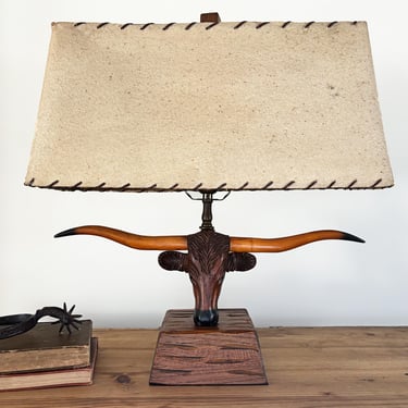 1950s Vintage A. Brandt Ranch Oak Longhorn Steer Table Lamp 