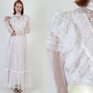 Victorian Inspired Wedding Maxi Dress Sheer Ivory Floral Lace Gown 70s Bridal High Collar Edwardian Bustle 