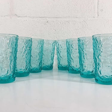 Vintage Aqua Blue Glasses Anchor Hocking Lido Milano Crinkle Glassware Set of 8 Highball Cocktail Glass Mid-Century Colorful Home 1960s 