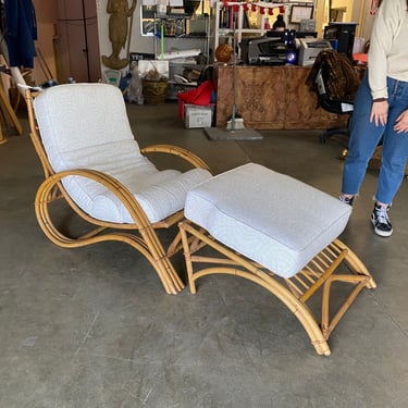 Restored Three-Strand "Grasshopper" Rattan Lounge Chair and Ottoman Set 