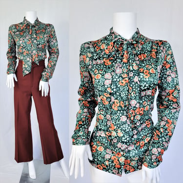 1970's Green Poly Floral Print Button Down Pussy Bow Blouse I Top I Shirt I Sz Med I Maggie Sweet 