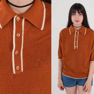 70s Knit Polo Shirt Brown Collared Sweater Top Retro Preppy Shop Exile Tucson AZ