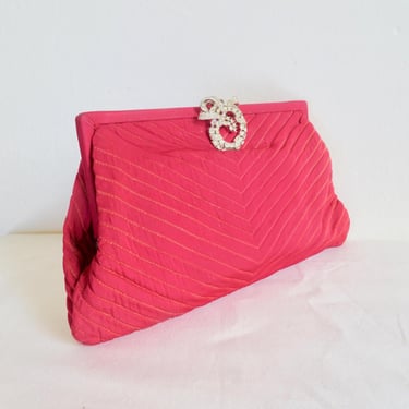 1950's Red Satin Quilted Evening Clutch Silver Rhinestone Clasp 50's Formal Cocktail Party Clutches Koret 