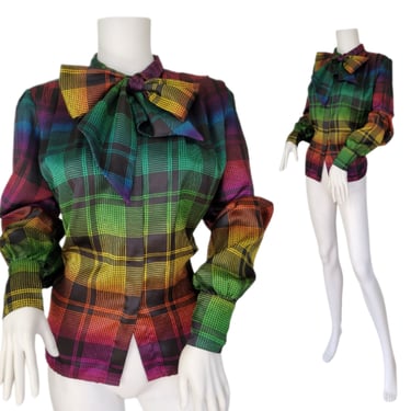 1980's Rainbow Stripe Herringbone Print Button Down Blouse I Top I Shirt I Sz Lrg I Pussy Bow 