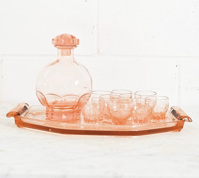 vintage French pink glass decanter set and art deco tray