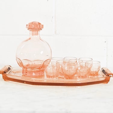 vintage French pink glass decanter set and art deco tray