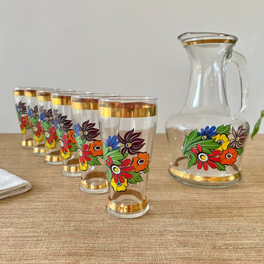 Vintage Rare Gold Trim Floral Pitcher and Six Glasses - 7 Piece Set 