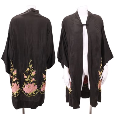 1920s floral embroidered kimono robe M/L / vintage 20s black rayon bohemian Deco FLAPPER robe antique 