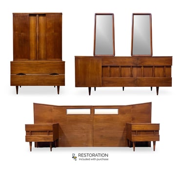 American of Martinsville 7 Piece Vintage Mid Century Modern Brutalist Bedroom Set c. 1960s 