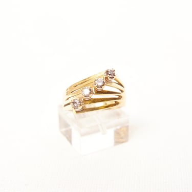 Vintage Modernist 14K Gold 4-Synthetic Diamond Cocktail Ring, Stacked Yellow Gold Dome Ring, .125 CT Prong-Set Diamonds, Size 7 1/4 US 