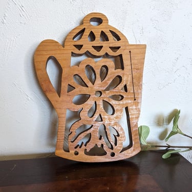 Vintage Hand Carved Wooden Teapot Trivet Decor 