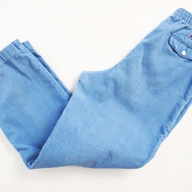 Vintage 80s Blue Corduroy Pants Elastic Waist M L - High Waist Casual Straight Leg Fine Wale Cords 