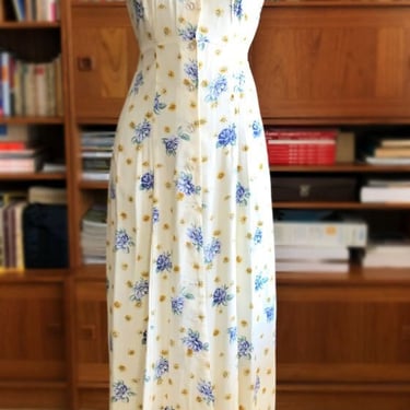 Vintage 80's - 90's Yellow Floral LONG DRESS, Vintage All That Jazz Summer Dress, sleevless Midi Dress Pastel Colors 