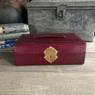 19th C English Leather Jewelry Case, Victorian Travel Box, Gilded Closure 