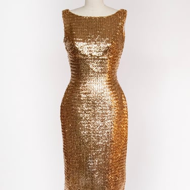 1950s Wiggle Dress Gold Sequin Hourglass S 