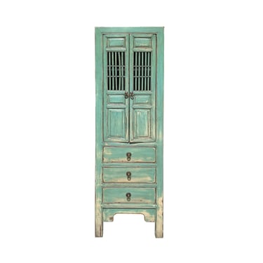 Distressed Pastel Green Narrow Wood Carving Shutter Doors Storage Cabinet cs7350E 