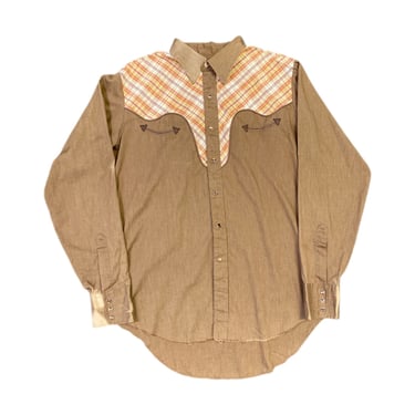 (XL) 1970's Brown Wrangler Permanent Press Long Tails Shirt 041322 JF