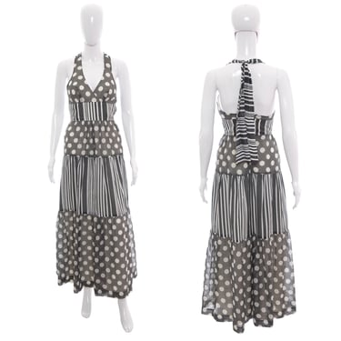 1960's Young Innocent Gray and White Stripe and Polka Dot Halter Dress Size XS