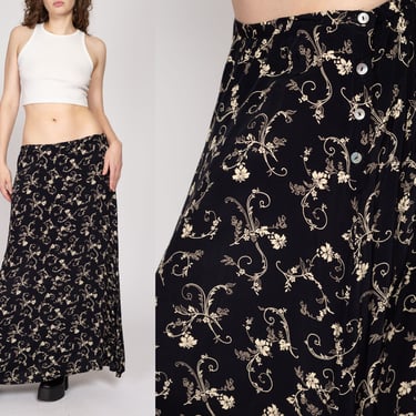 Large 90s Black Hibiscus Floral Boho Side Button Maxi Skirt | Vintage Grunge High Waisted A Line Flowy Skirt 