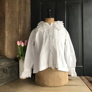 French Chemise Blouse, Ruffle Flounce Collar Sleeves, Broderie Anglaise, White Cotton, French Farmhouse 