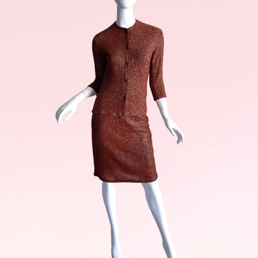 50s Metallic Bronze Knit Skirt Set, Mod Wiggle Cardigan Skirt Suit xs 