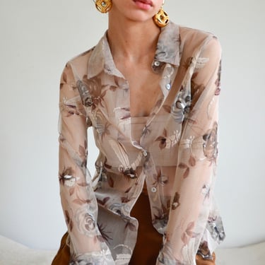 collared mesh sheer dragonfly and floral long sleeve blouse 