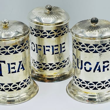 Vintage set off three Tea Coffee Sugar Storage tins with Blue Glass Liner- Hammered Tin 