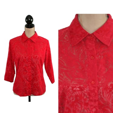 90s Y2K Red Blouse Petite Medium, Velvet Burnout Shirt, Button Up 3/4 Sleeve Top, Casual Clothes Women, Vintage Clothing from Lemon Grass 