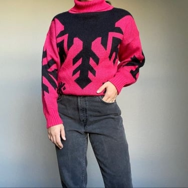 Vintage 80s Pink and Black Snowflake Nordic Style Turtleneck Sweater Size Medium 