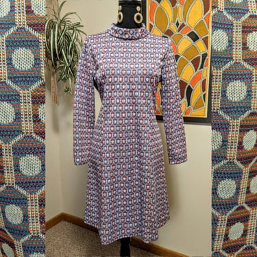 Vintage 1960s Geometric Print Mock Neck Long Sleeve A-line Polyester Dress 