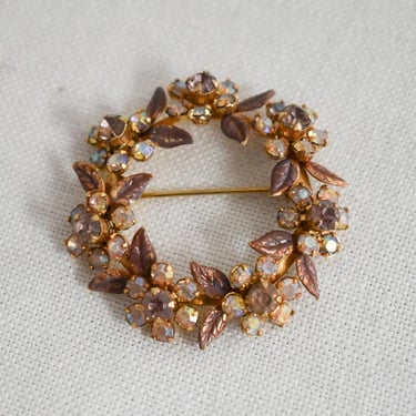 1950s Pink and AB Rhinestone Leaf Circle Brooch 