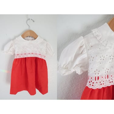 Vintage Girls Dress - Red & White Eyelet Lace Collared Short Sleeve 70s 80s Toddler Girl Dresses Size 2T 