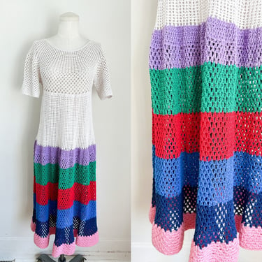 Vintage 1970s Hand Crochet Rainbow Dress / S-M 