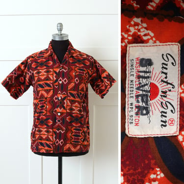 mens vintage 1950s 60s Hawaiian shirt • red orange & maroon cotton tiki tropical shirt 