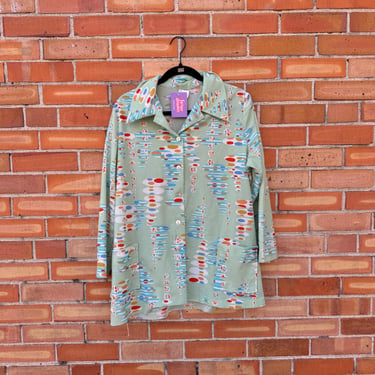 vintage 70s green mint abstract disco blouse / xl extra large 