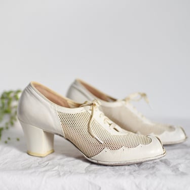 1940s White Peep Toe Oxford Shoes 