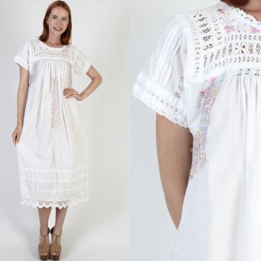 White Cotton Oaxacan Dress, Mexican Pastel Floral Sundress, Hand Embroidered Cut Out Bodice, Beach Cover Up Midi Dress 
