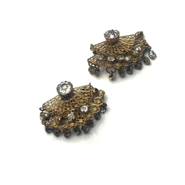 Gold Filagree Vintage Earrings, Fan Shaped Earrings, Clip On Earrings, 1950's Earrings, Rhinestone Dangle Earrings, Dangle Fan Earrings 