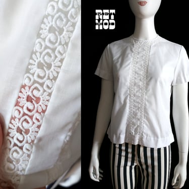 Beautiful Vintage 50s 60s White Cotton Blouse with Embroidered Lace Front 