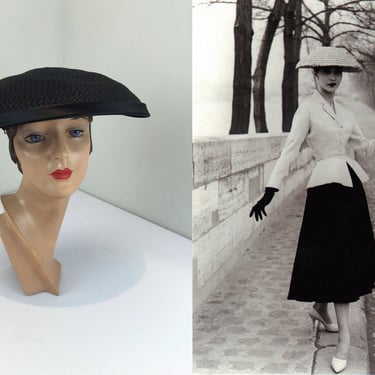 That Iconic Look - Vintage 1940s 1950s Jet Black Straw Mushroom Dior Styled Wide Brim Hat 