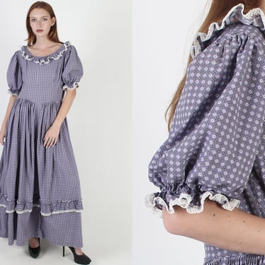 OOAK Homestead Maxi Dress / Vintage 70s Geometric Print Dress / Homespun Country Farm Life / Womens Prairie Cotton Long Dress 