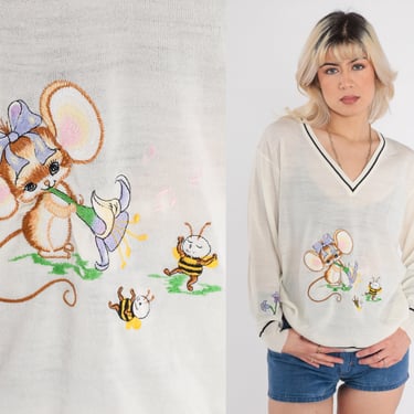 70s Mouse Sweater Bumble Bee Sweater Vintage Animal EMBROIDERED Sweater Novelty V Neck Ringer Kitsch Pullover 1970s Boho Slouch White Medium 