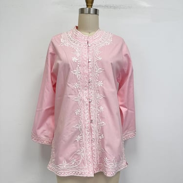 Vintage 80s Embroidered Pink Top | Imported Boho Button Down Blouse | Size 