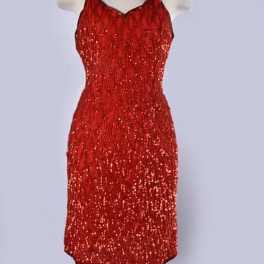 Red SILK Fully Sequined Evening Party Dress Vintage Bombshell Dress Wiggle By GOPAL Beaded, size Medium 1990's 