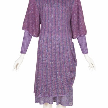 Mary Farrin 1970s Vintage Purple Mixed Knit Cowl Neck Dress 