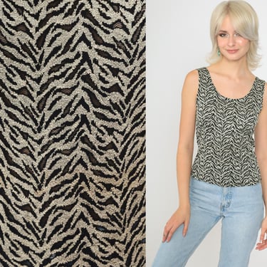 Zebra Print Tank Top 90s Sheer Mesh Sleeveless Shirt Animal Jungle Print Blouse Summer Black Grey Scoop Neck Vintage 1990s Small Medium 