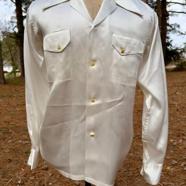 Rare 1940s White Satin Campus Hollywood Styled Shirt 42 Chest Vintage 