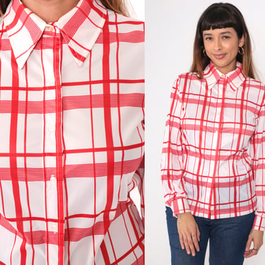70s Plaid Shirt Shirt Red White Dagger Collar Shirt Button Up Checkered Print Blouse Preppy 1970s Top Long Sleeve Retro Vintage Medium 