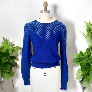 70s 80s Vintage Ski Resort Royal Blue Pullover Sweater 